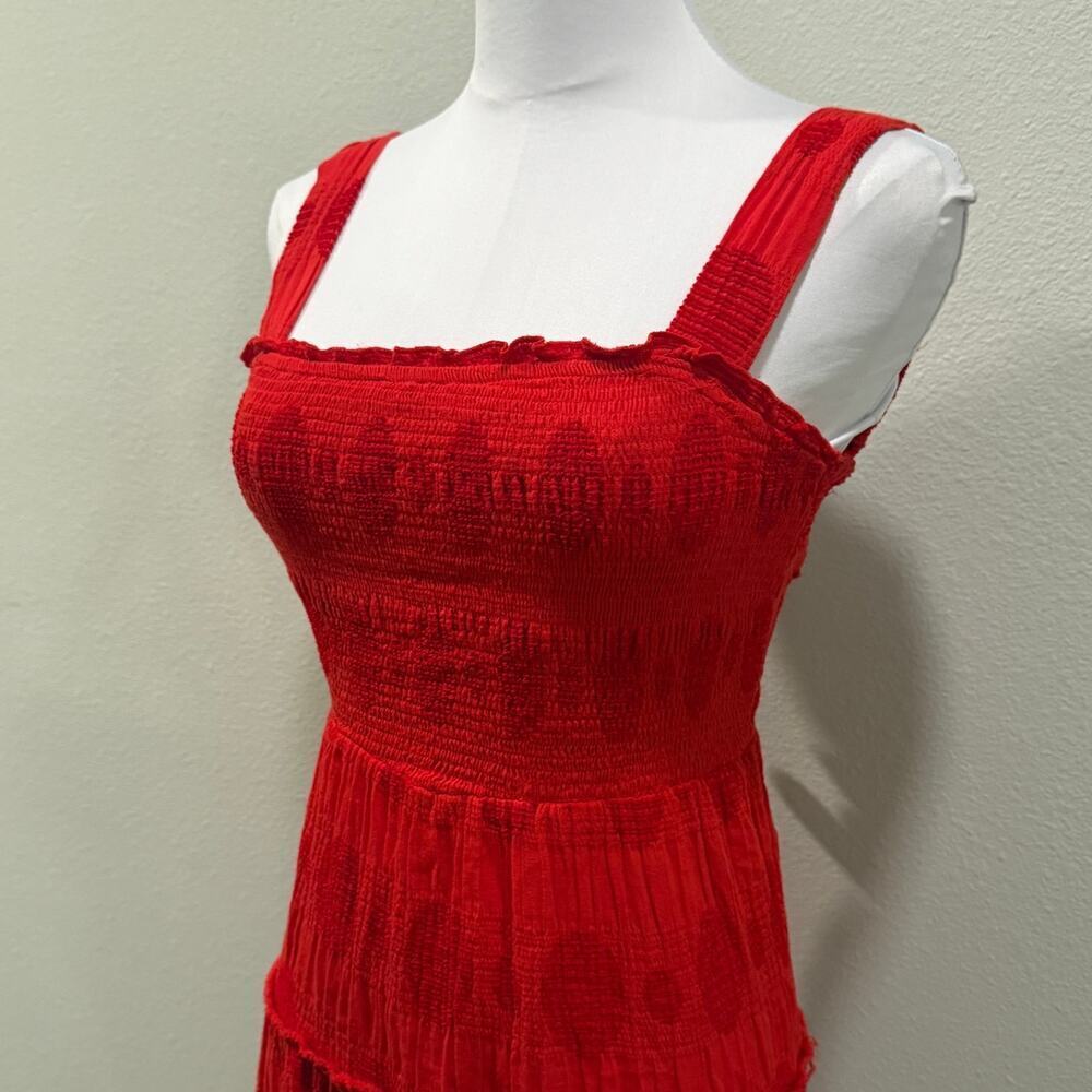 Umgee Red Smocked Cotton Maxi Dress Tiered Thick Strap Medium Resort Summer - Picture 5 of 9